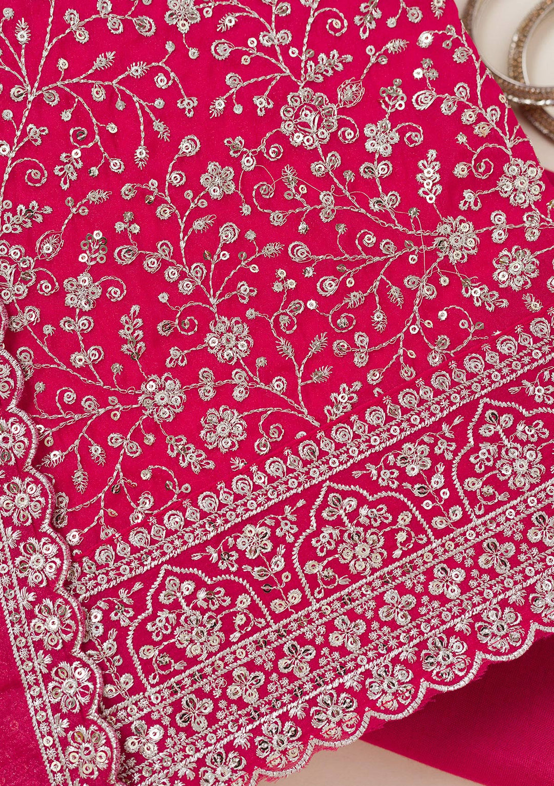 Rani Pink Georgette Threadwork Unstitched Dress Material With Matching Bottom And Dupatta
