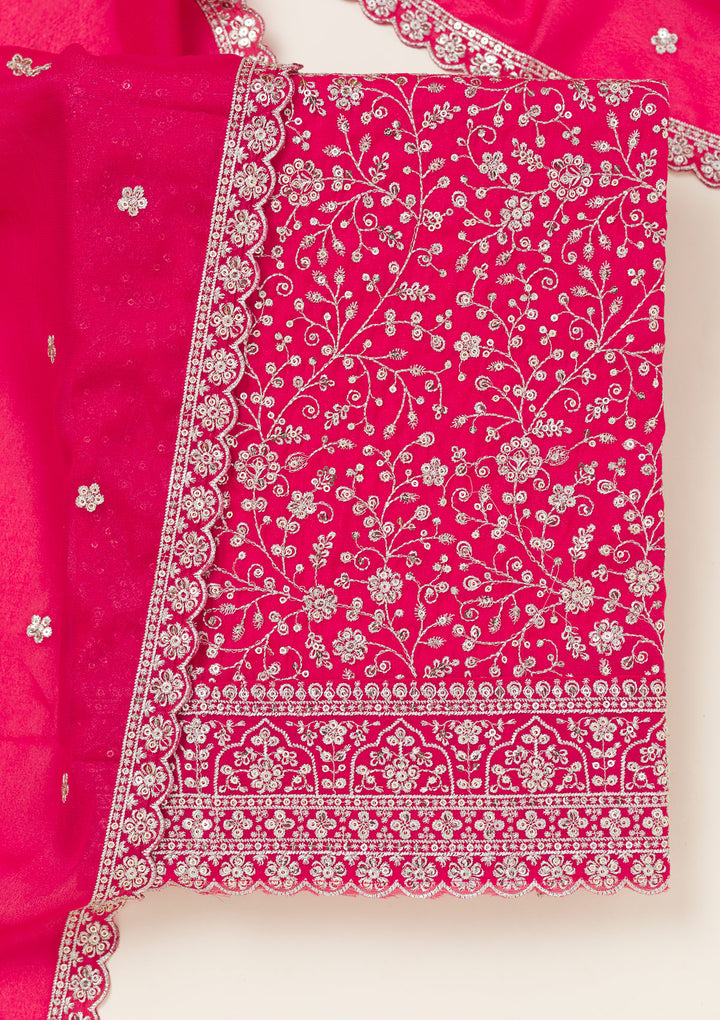 Rani Pink Georgette Threadwork Unstitched Dress Material With Matching Bottom And Dupatta