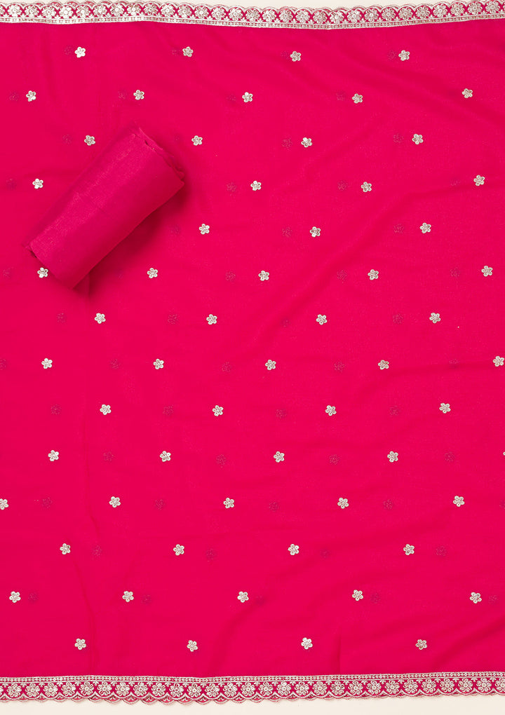 Rani Pink Georgette Threadwork Unstitched Dress Material With Matching Bottom And Dupatta