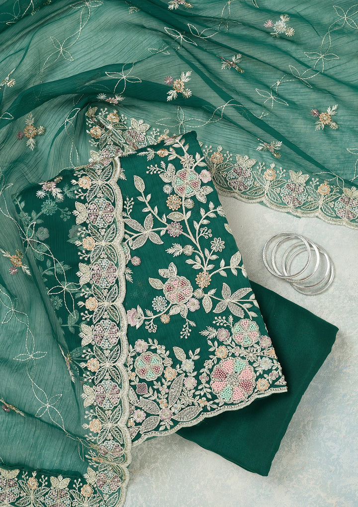 Leaf Green Chiffon Silver Stonework Unstitched Dress Material With Matching Bottom And Dupatta