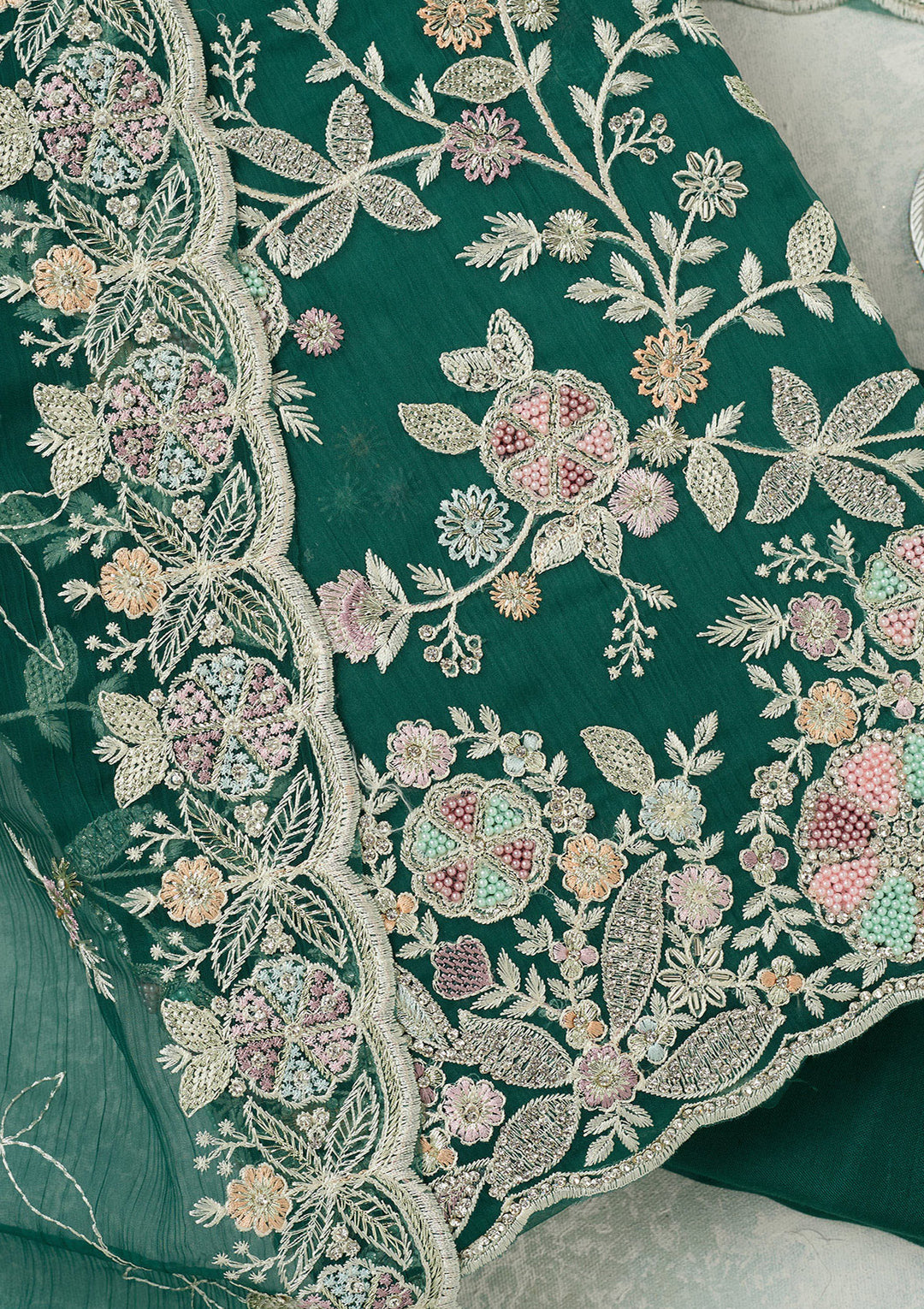 Leaf Green Chiffon Silver Stonework Unstitched Dress Material With Matching Bottom And Dupatta