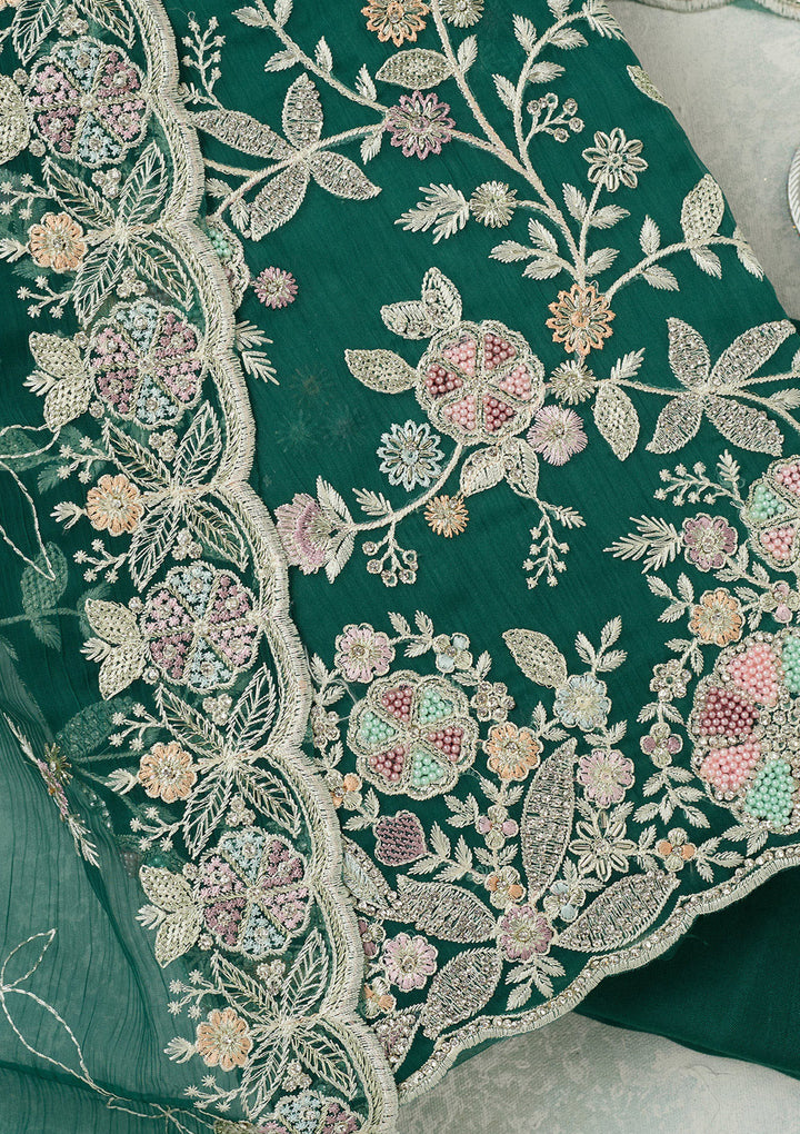 Leaf Green Chiffon Silver Stonework Unstitched Dress Material With Matching Bottom And Dupatta