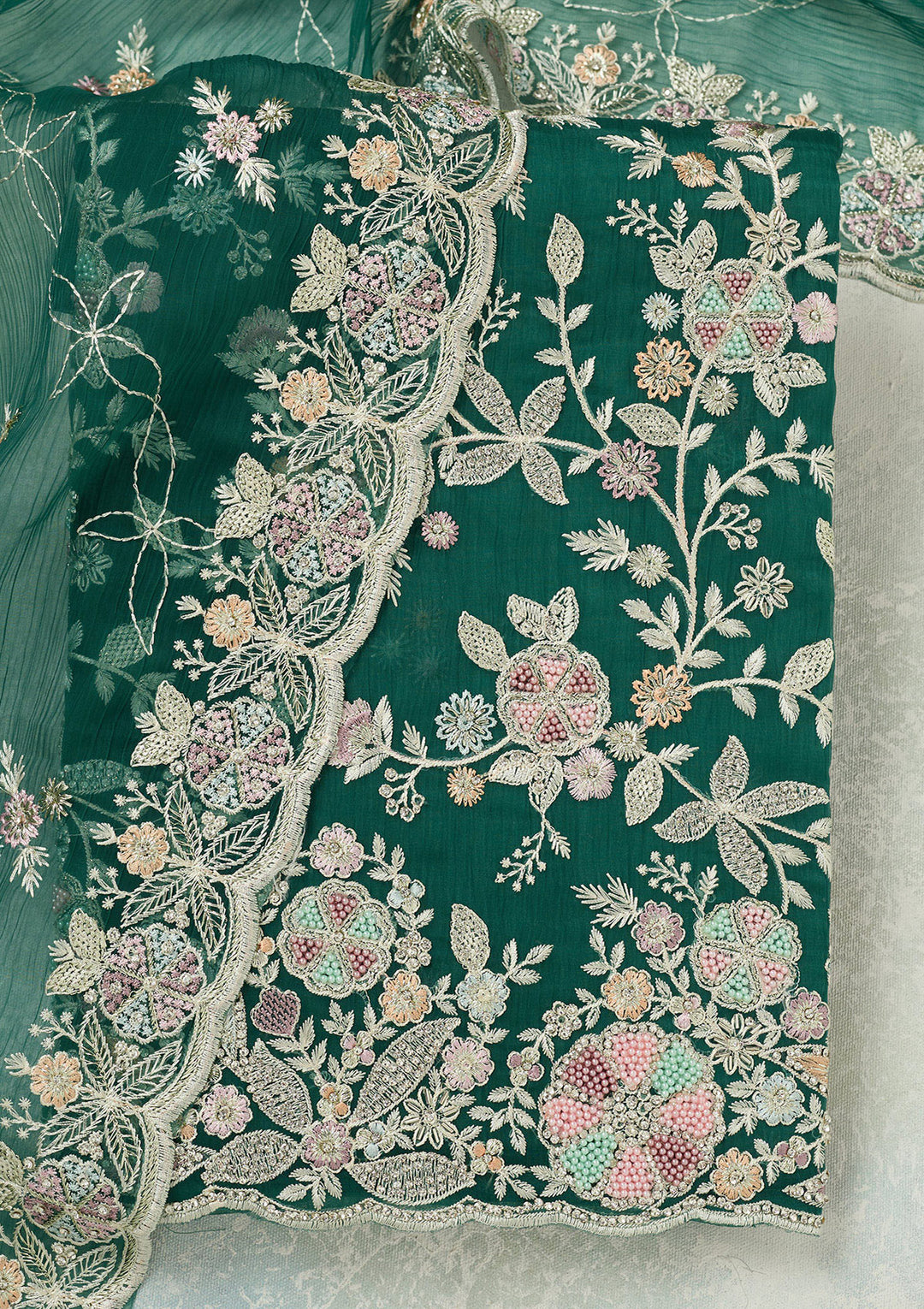Leaf Green Chiffon Silver Stonework Unstitched Dress Material With Matching Bottom And Dupatta