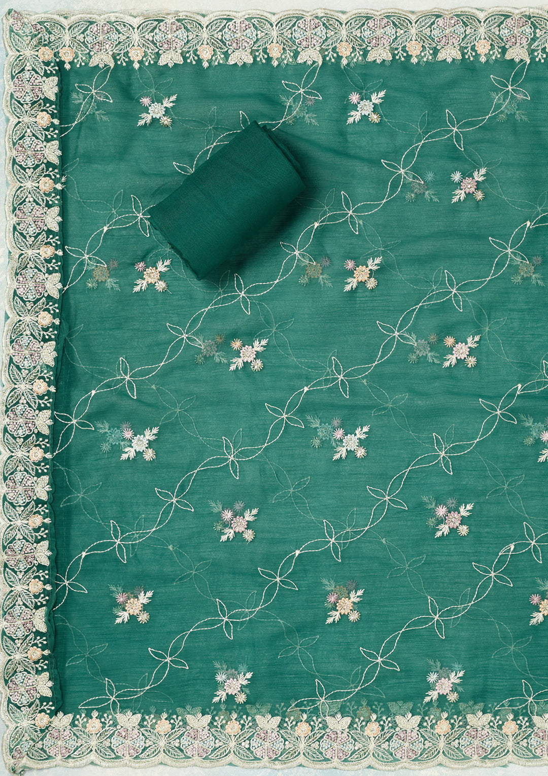 Leaf Green Chiffon Silver Stonework Unstitched Dress Material With Matching Bottom And Dupatta
