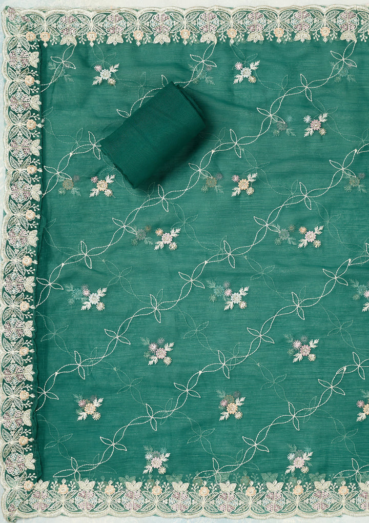 Leaf Green Chiffon Silver Stonework Unstitched Dress Material With Matching Bottom And Dupatta