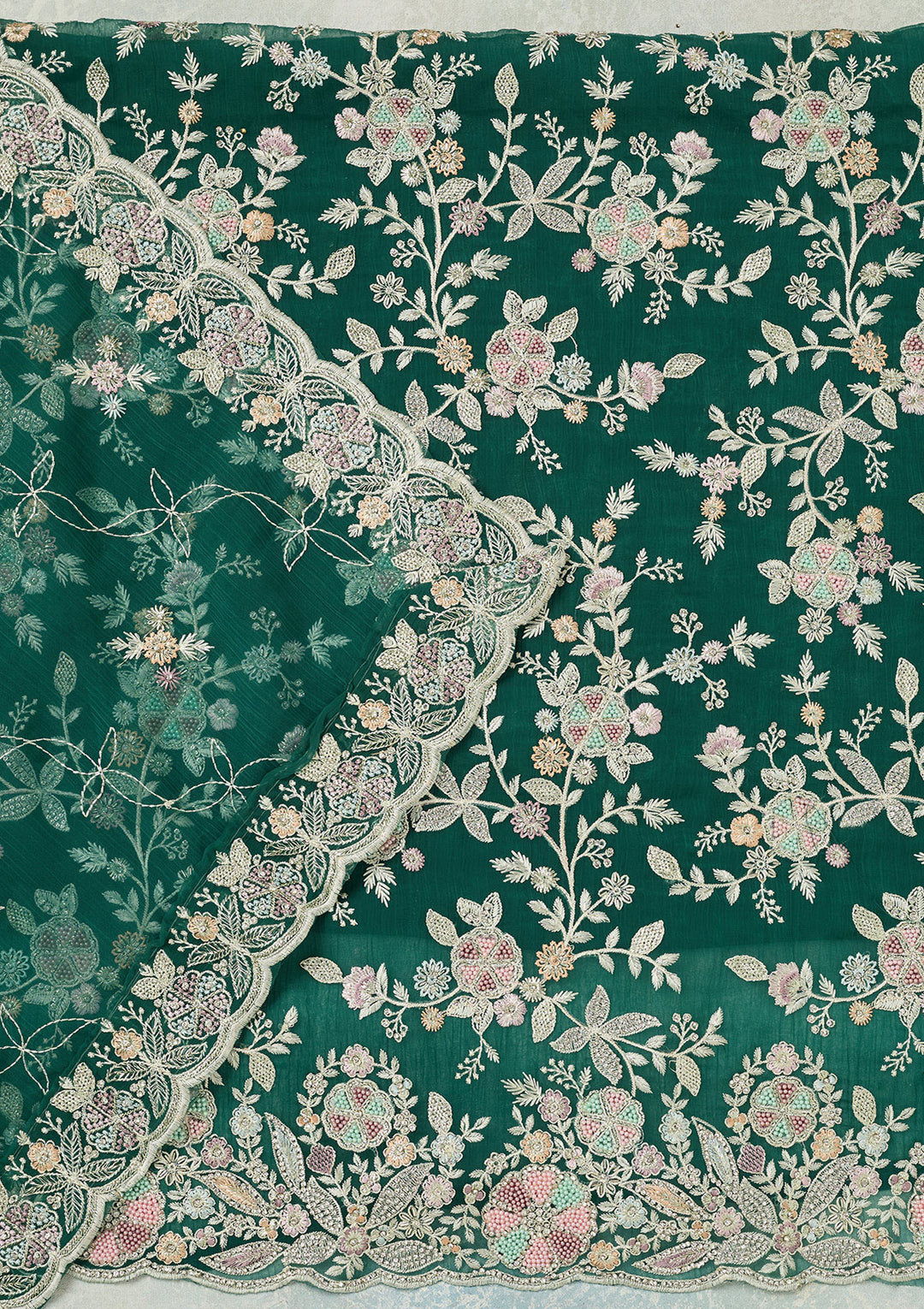 Leaf Green Chiffon Silver Stonework Unstitched Dress Material With Matching Bottom And Dupatta