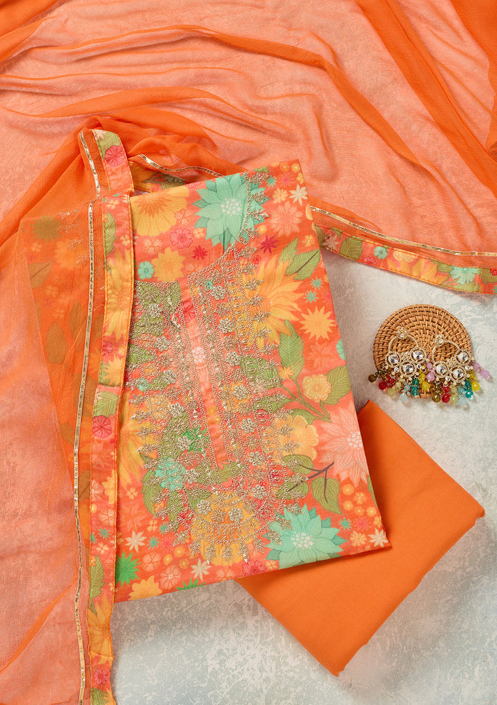 Orange Zariwork (Gold) Cotton Unstitched Salwar Suit