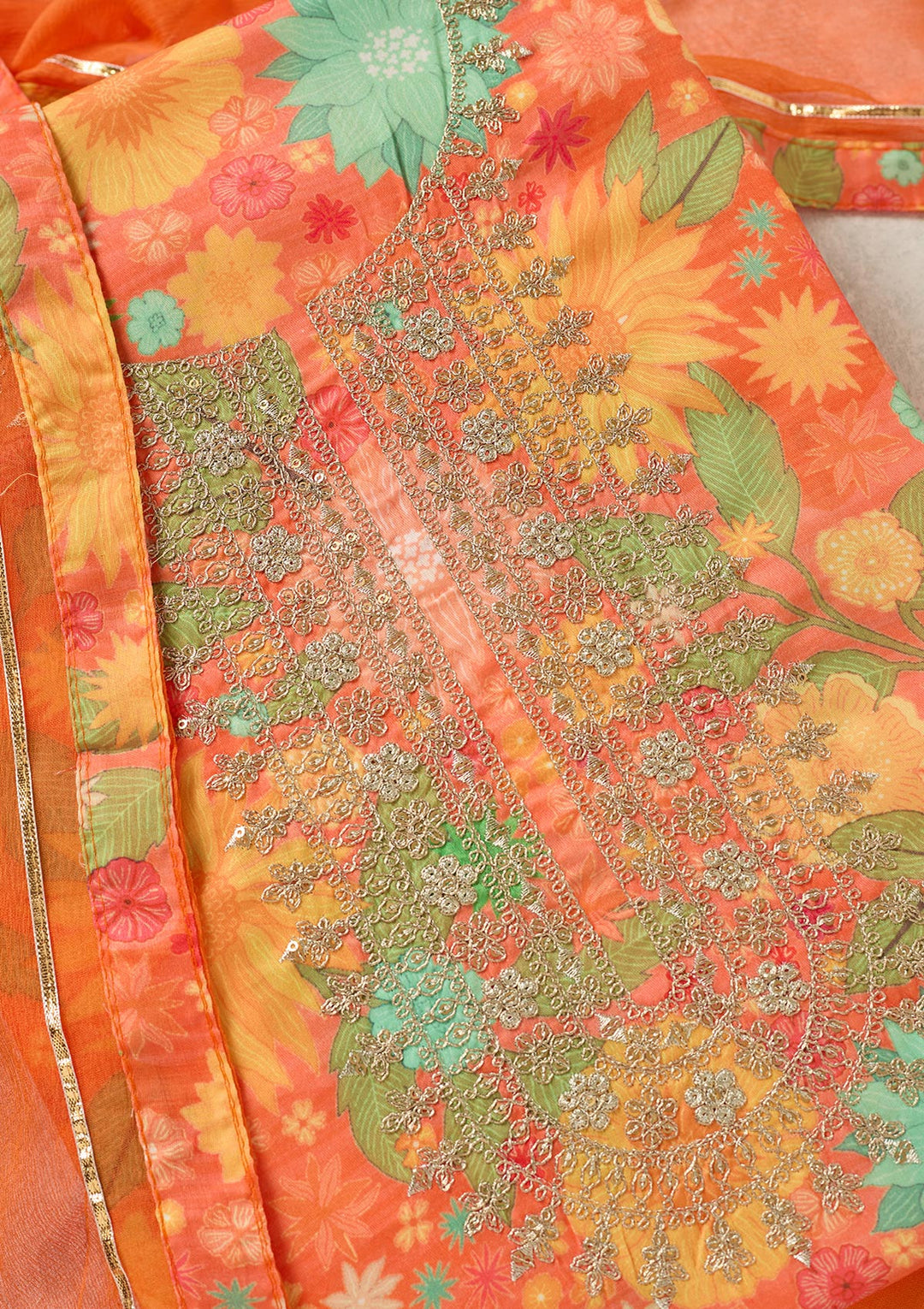 Orange Zariwork (Gold) Cotton Unstitched Salwar Suit