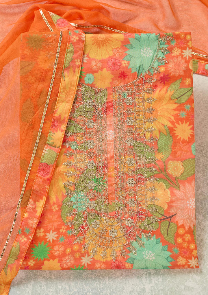 Orange Zariwork (Gold) Cotton Unstitched Salwar Suit