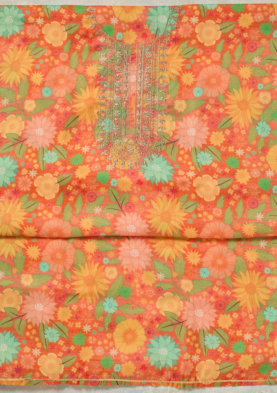 Orange Zariwork (Gold) Cotton Unstitched Salwar Suit