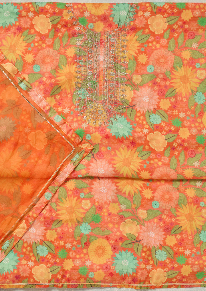 Orange Zariwork (Gold) Cotton Unstitched Salwar Suit