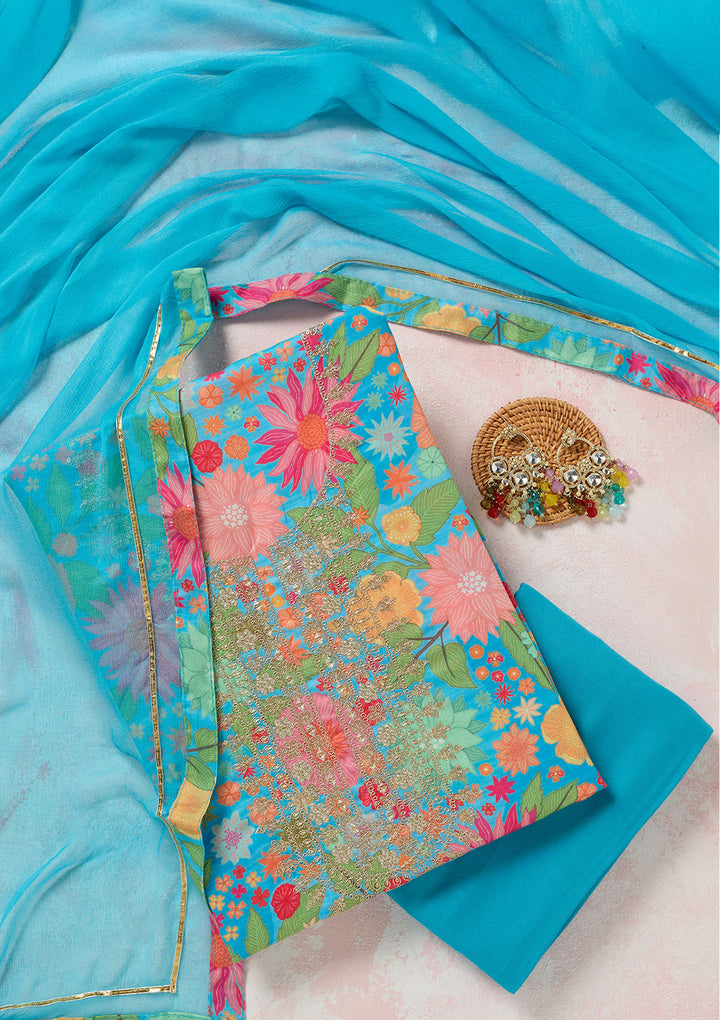 Sky Blue Zariwork (Gold) Cotton Unstitched Salwar Suit