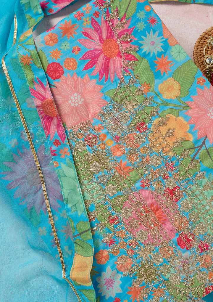 Sky Blue Zariwork (Gold) Cotton Unstitched Salwar Suit