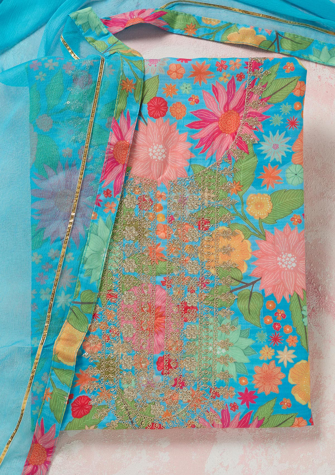 Sky Blue Zariwork (Gold) Cotton Unstitched Salwar Suit