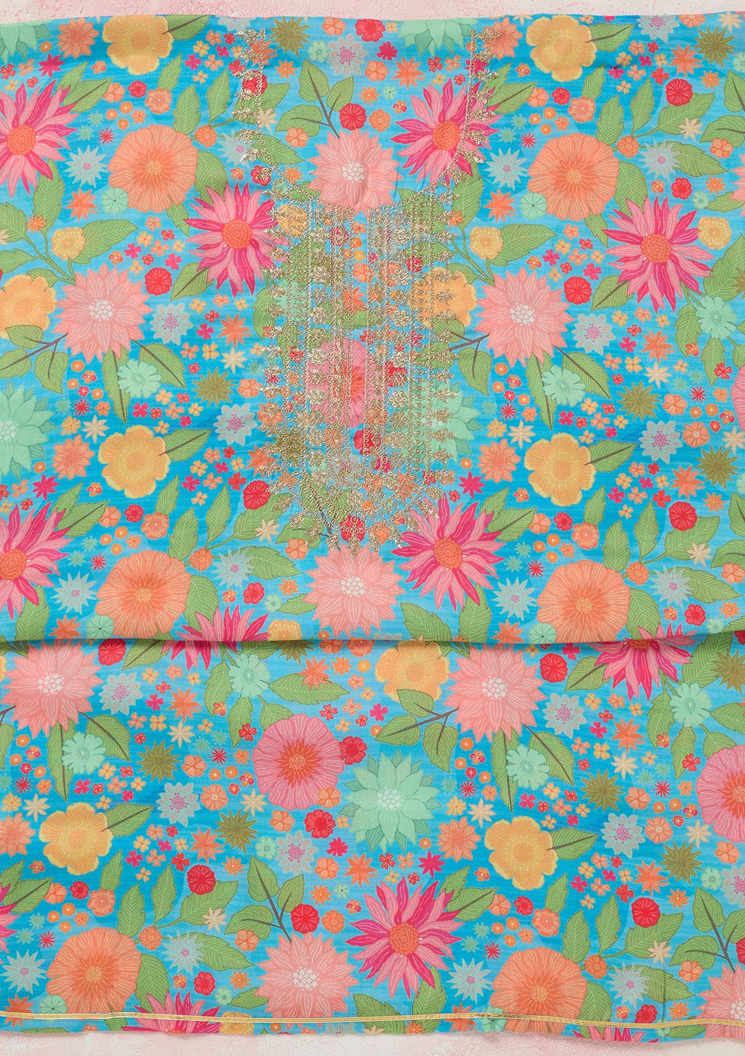 Sky Blue Zariwork (Gold) Cotton Unstitched Salwar Suit