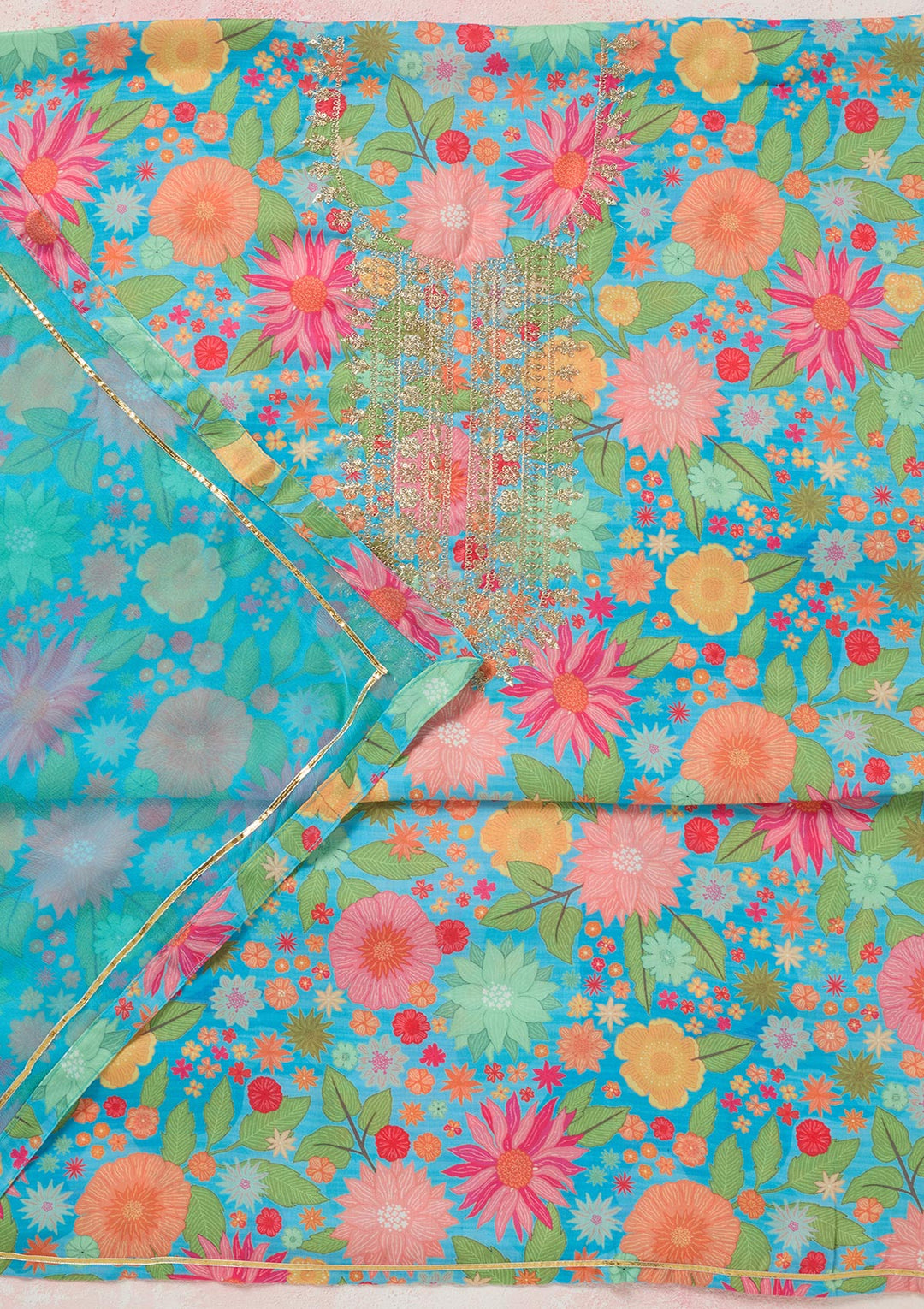 Sky Blue Zariwork (Gold) Cotton Unstitched Salwar Suit