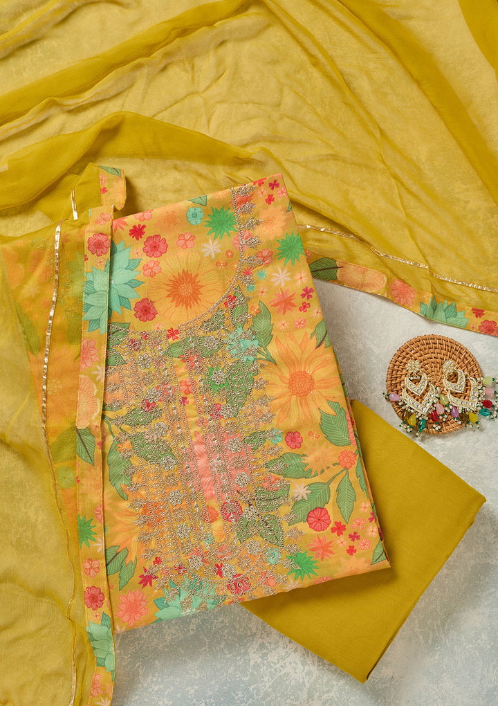 Yellow Zariwork (Gold) Cotton Unstitched Salwar Suit
