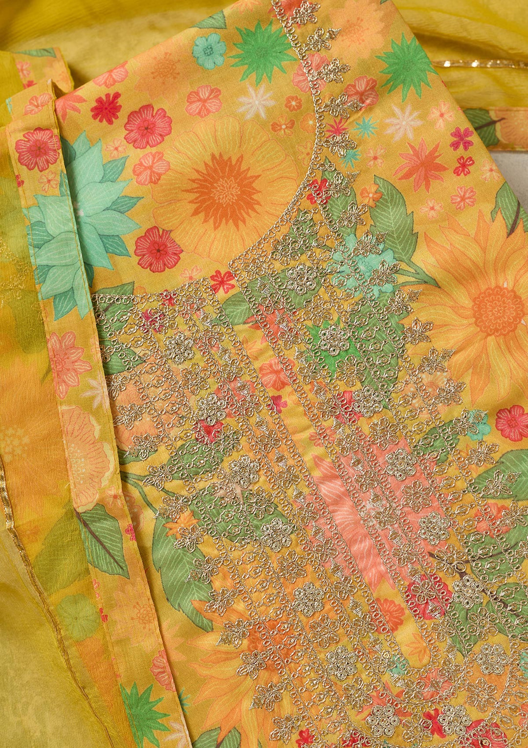 Yellow Zariwork (Gold) Cotton Unstitched Salwar Suit