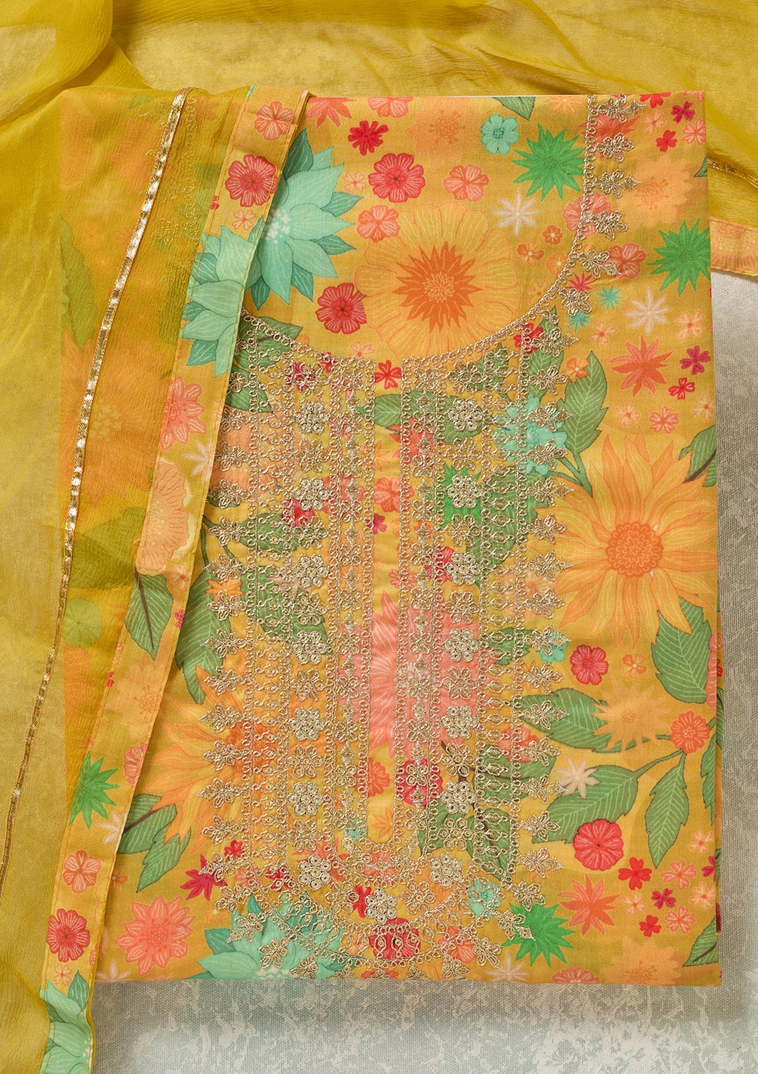 Yellow Zariwork (Gold) Cotton Unstitched Salwar Suit