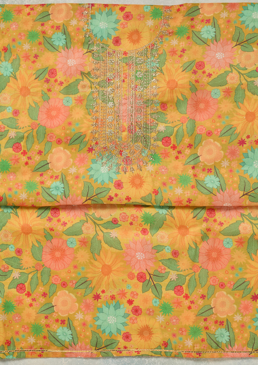 Yellow Zariwork (Gold) Cotton Unstitched Salwar Suit