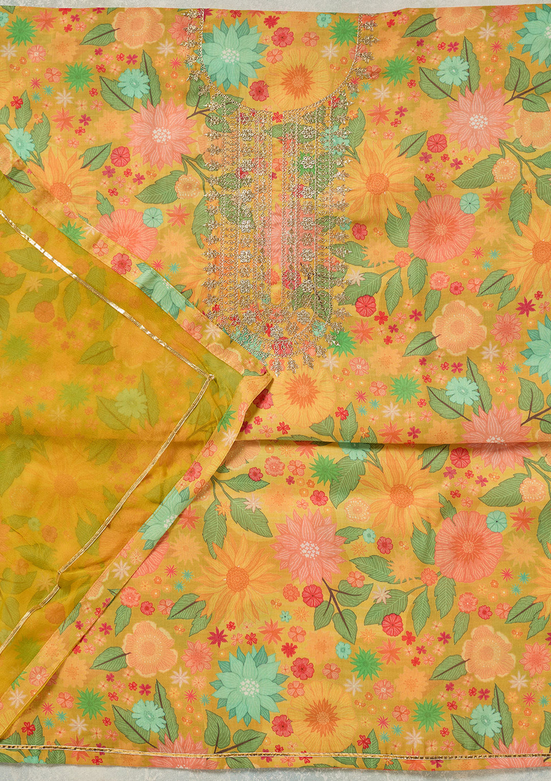 Yellow Zariwork (Gold) Cotton Unstitched Salwar Suit