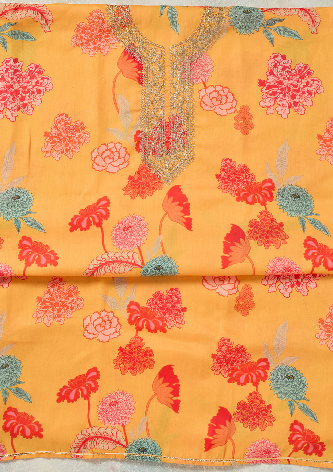 Yellow Zariwork (Gold) Cotton Unstitched Salwar Suit