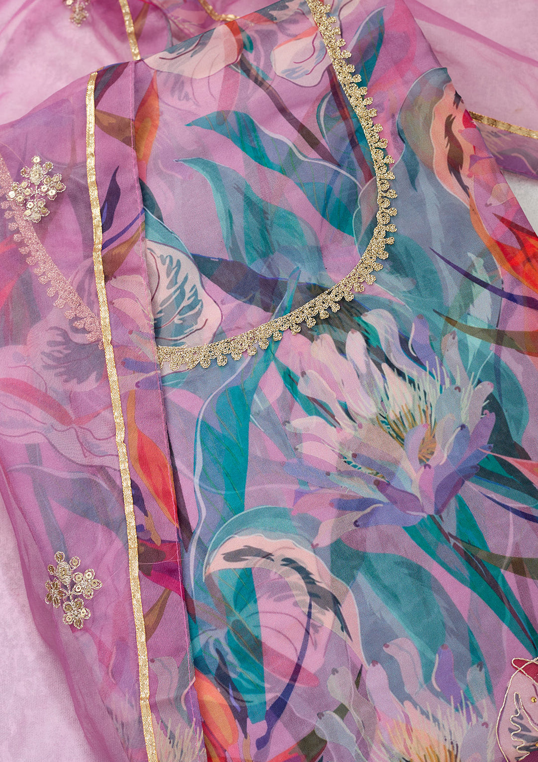 Multi Zariwork (Gold) Organza Unstitched Salwar Suit