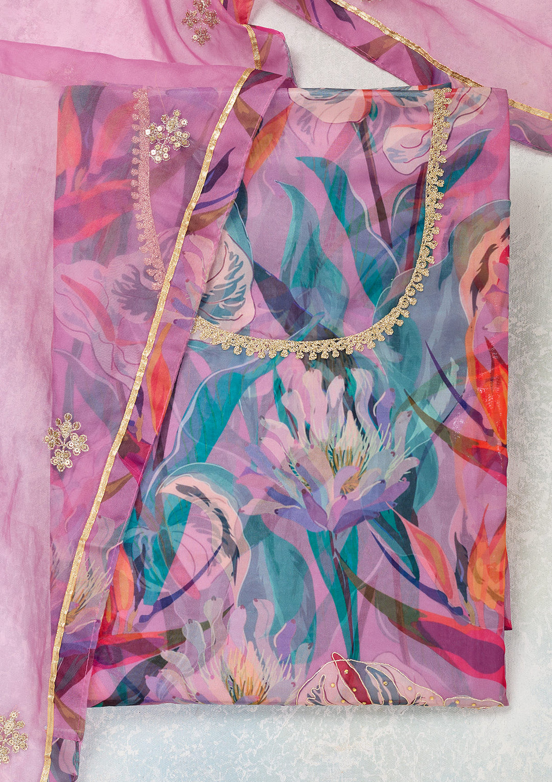 Multi Zariwork (Gold) Organza Unstitched Salwar Suit