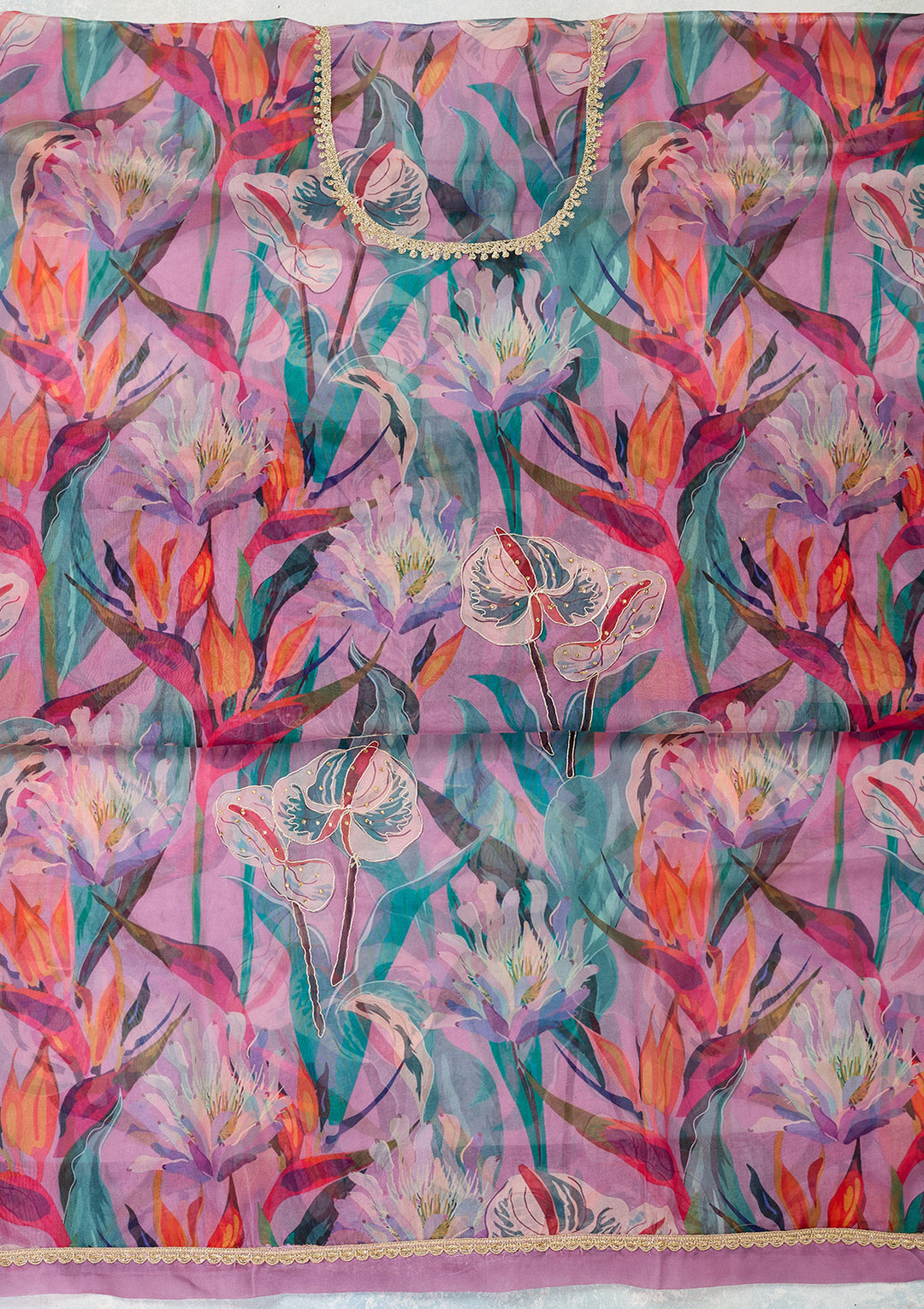 Multi Zariwork (Gold) Organza Unstitched Salwar Suit