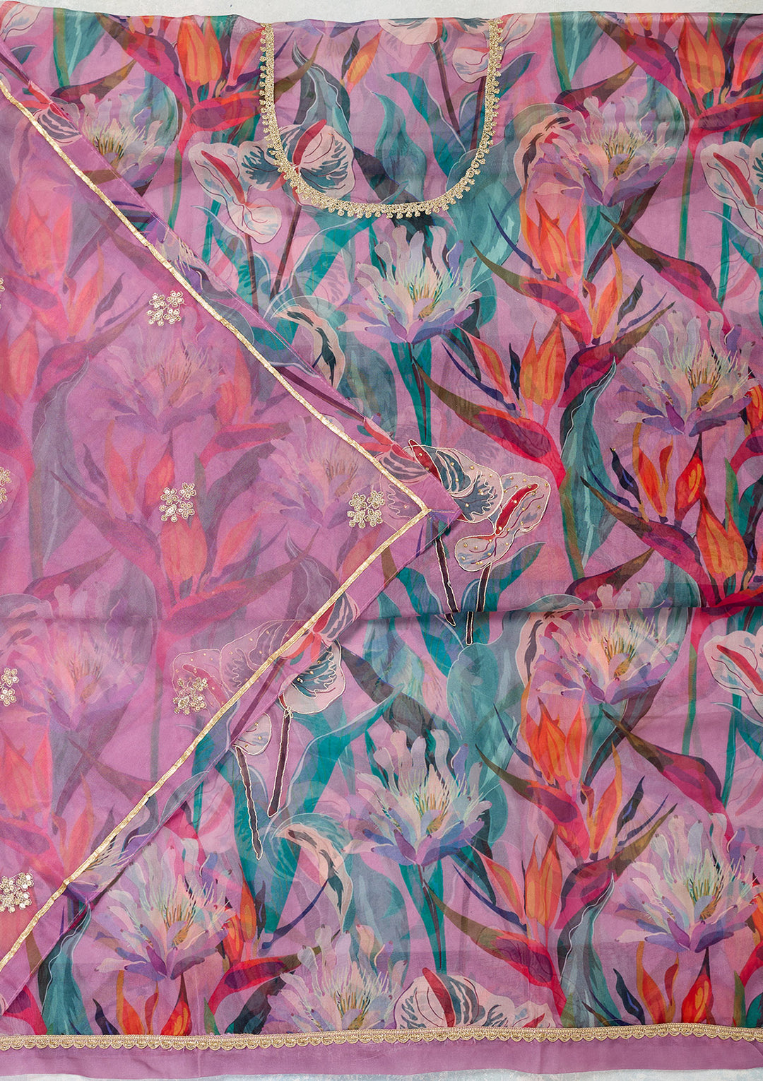 Multi Zariwork (Gold) Organza Unstitched Salwar Suit