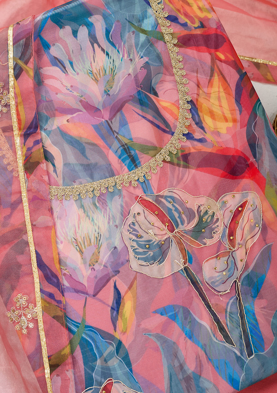 Multi Zariwork (Gold) Organza Unstitched Salwar Suit