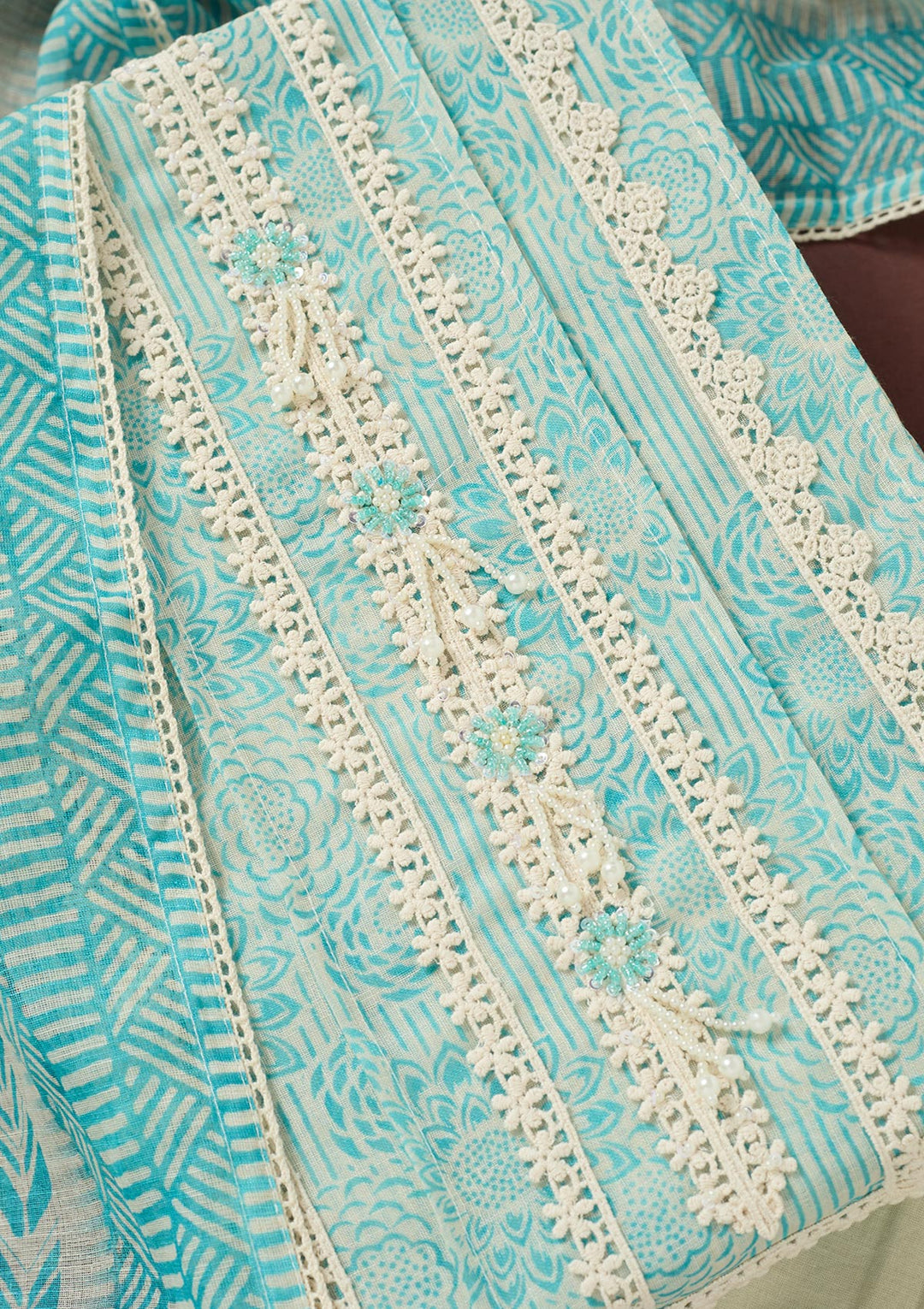 Sea Green Threadwork Cotton Unstitched Salwar Suit