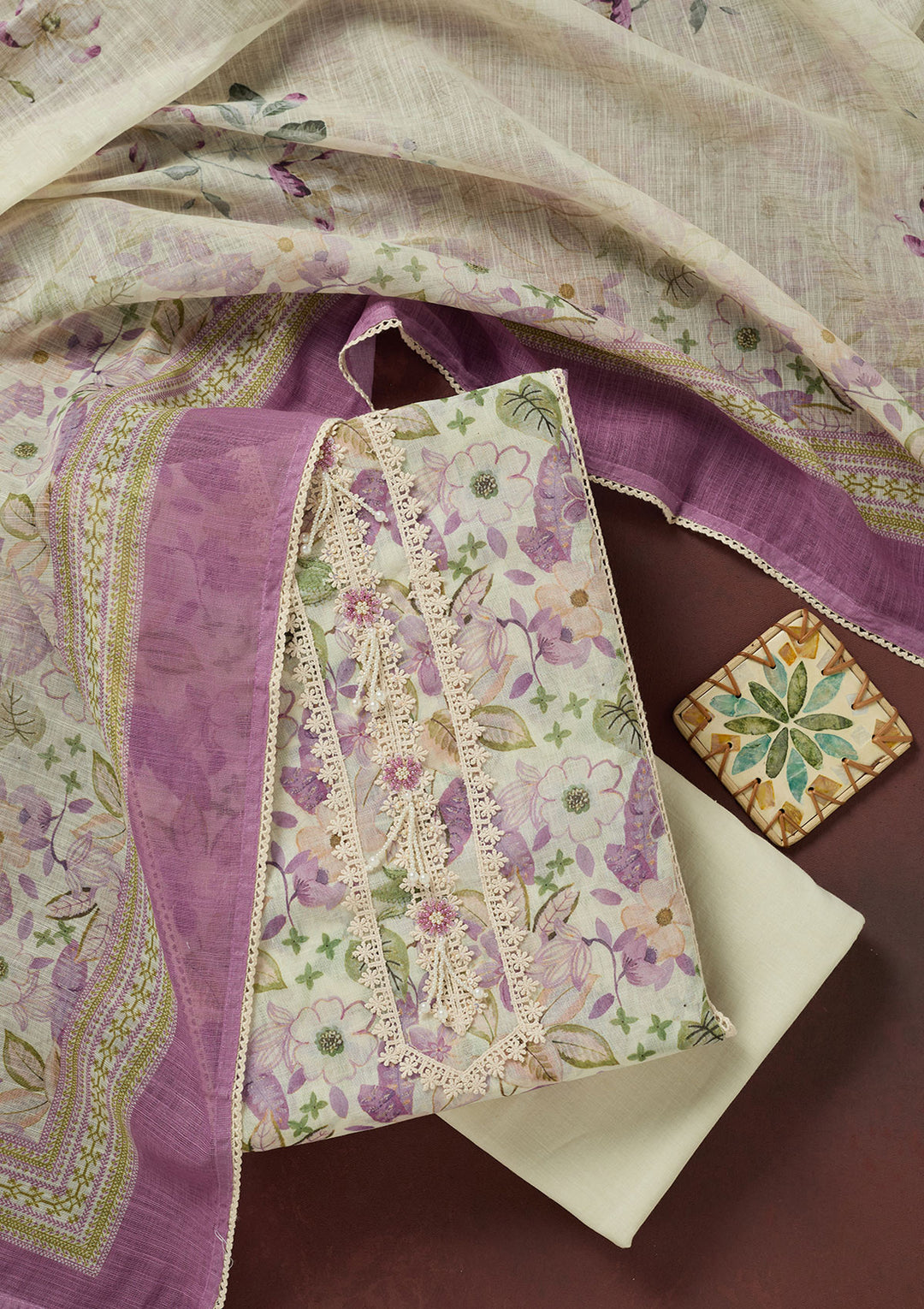 Purple Threadwork Linen Unstitched Salwar Suit