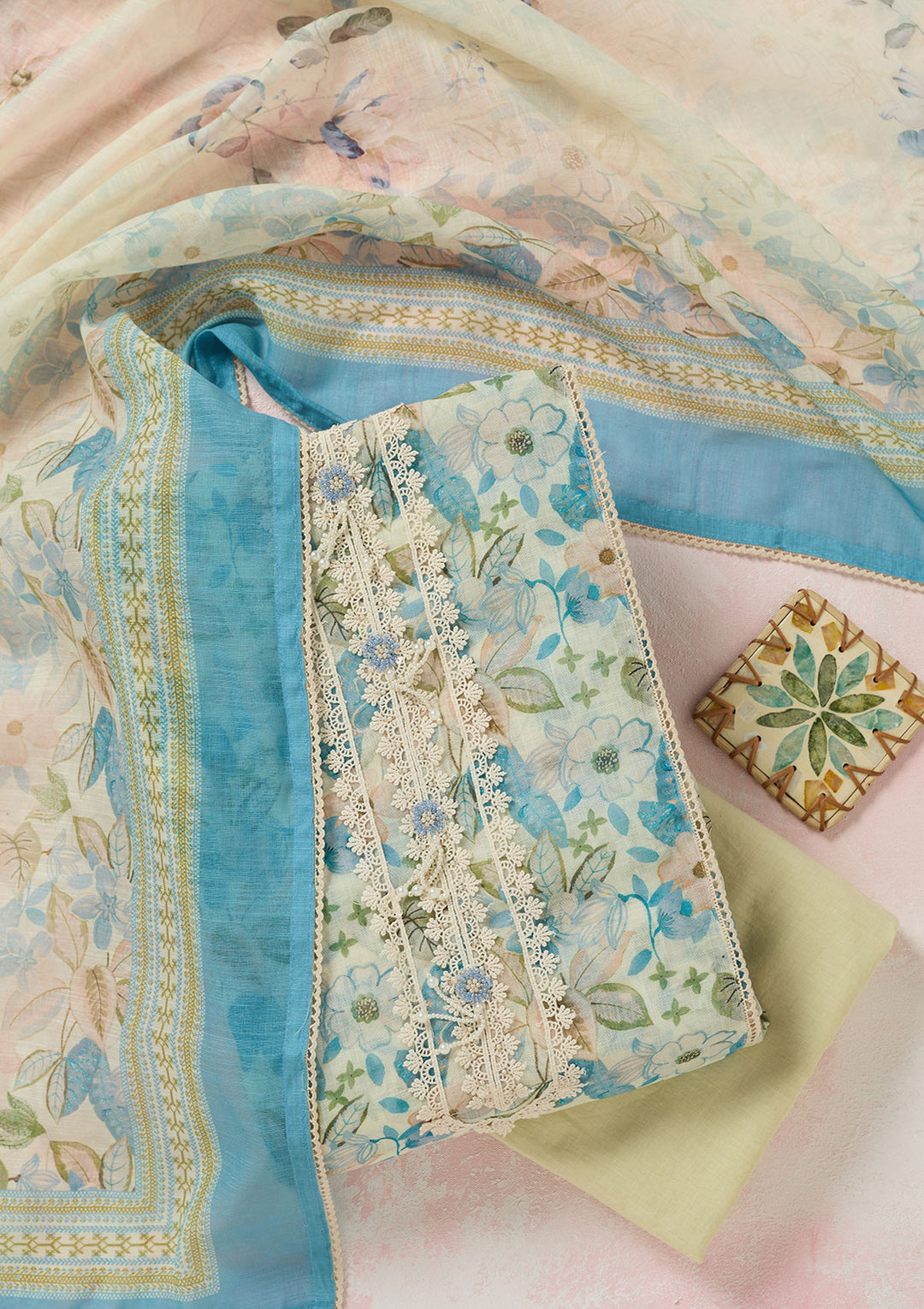 Turquoise Blue Multi Cotton Floral Threadwork Unstitched Dress Material With Matching Bottom And Dupatta
