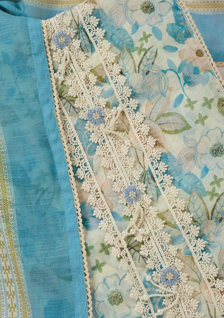 Turquoise Blue Multi Cotton Floral Threadwork Unstitched Dress Material With Matching Bottom And Dupatta