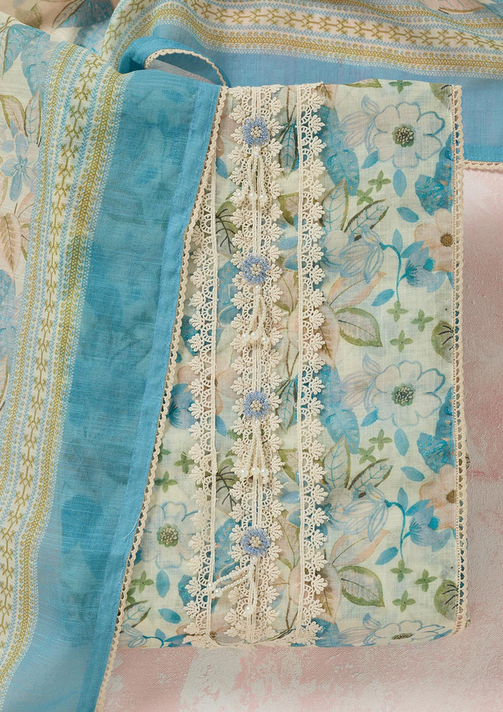 Turquoise Blue Multi Cotton Floral Threadwork Unstitched Dress Material With Matching Bottom And Dupatta