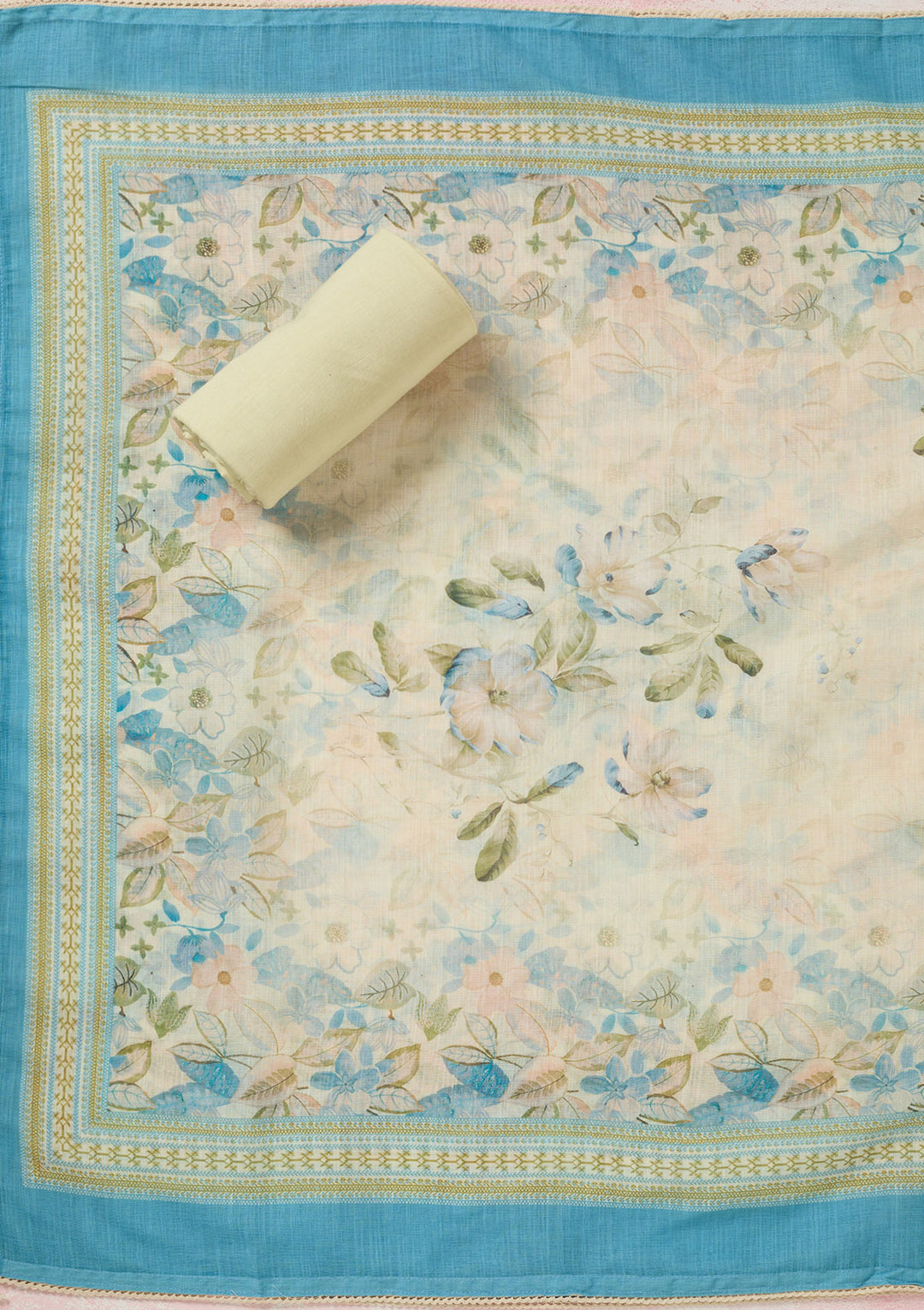 Turquoise Blue Multi Cotton Floral Threadwork Unstitched Dress Material With Matching Bottom And Dupatta