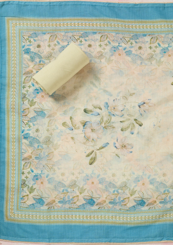 Turquoise Blue Multi Cotton Floral Threadwork Unstitched Dress Material With Matching Bottom And Dupatta