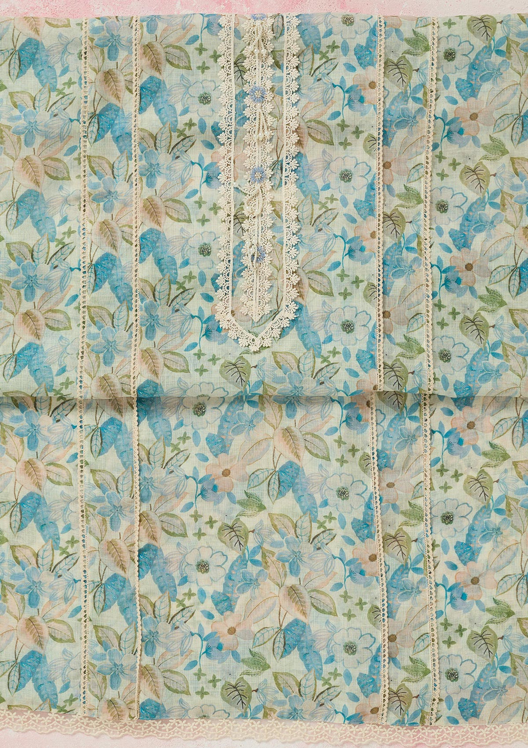Turquoise Blue Multi Cotton Floral Threadwork Unstitched Dress Material With Matching Bottom And Dupatta