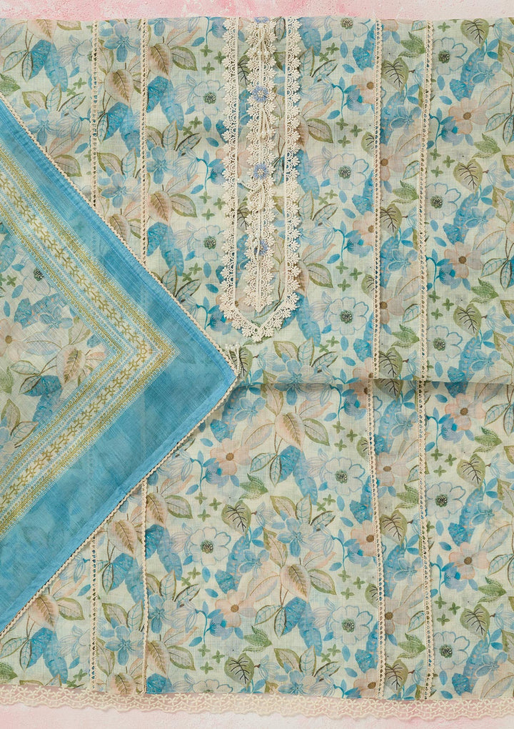 Turquoise Blue Multi Cotton Floral Threadwork Unstitched Dress Material With Matching Bottom And Dupatta