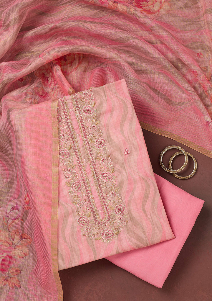 Pink Threadwork Linen Unstitched Salwar Suit