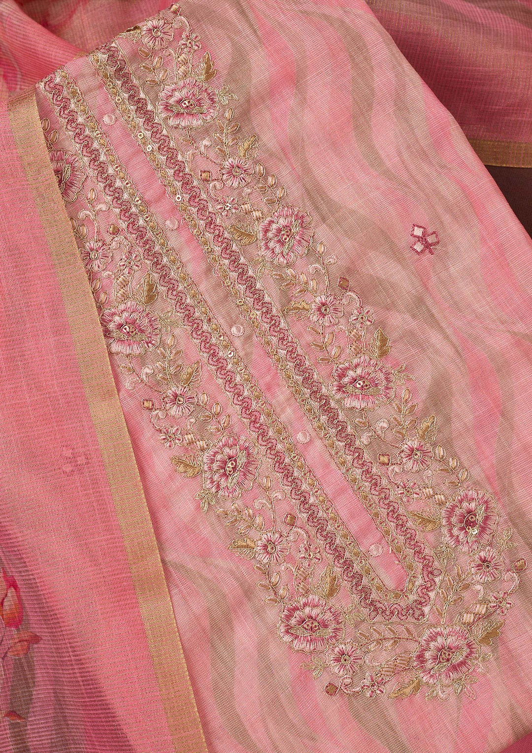 Pink Threadwork Linen Unstitched Salwar Suit