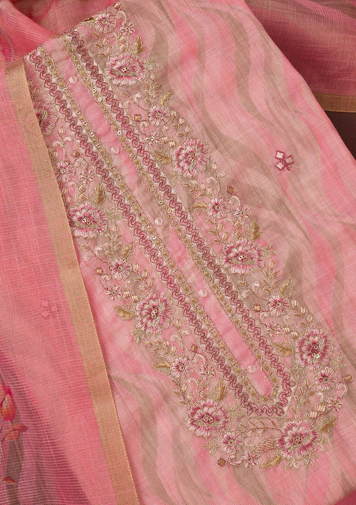 Pink Threadwork Linen Unstitched Salwar Suit