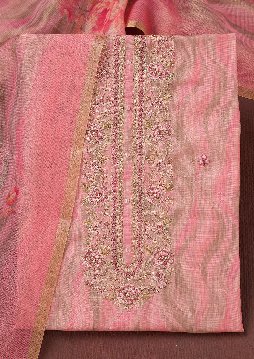 Pink Threadwork Linen Unstitched Salwar Suit