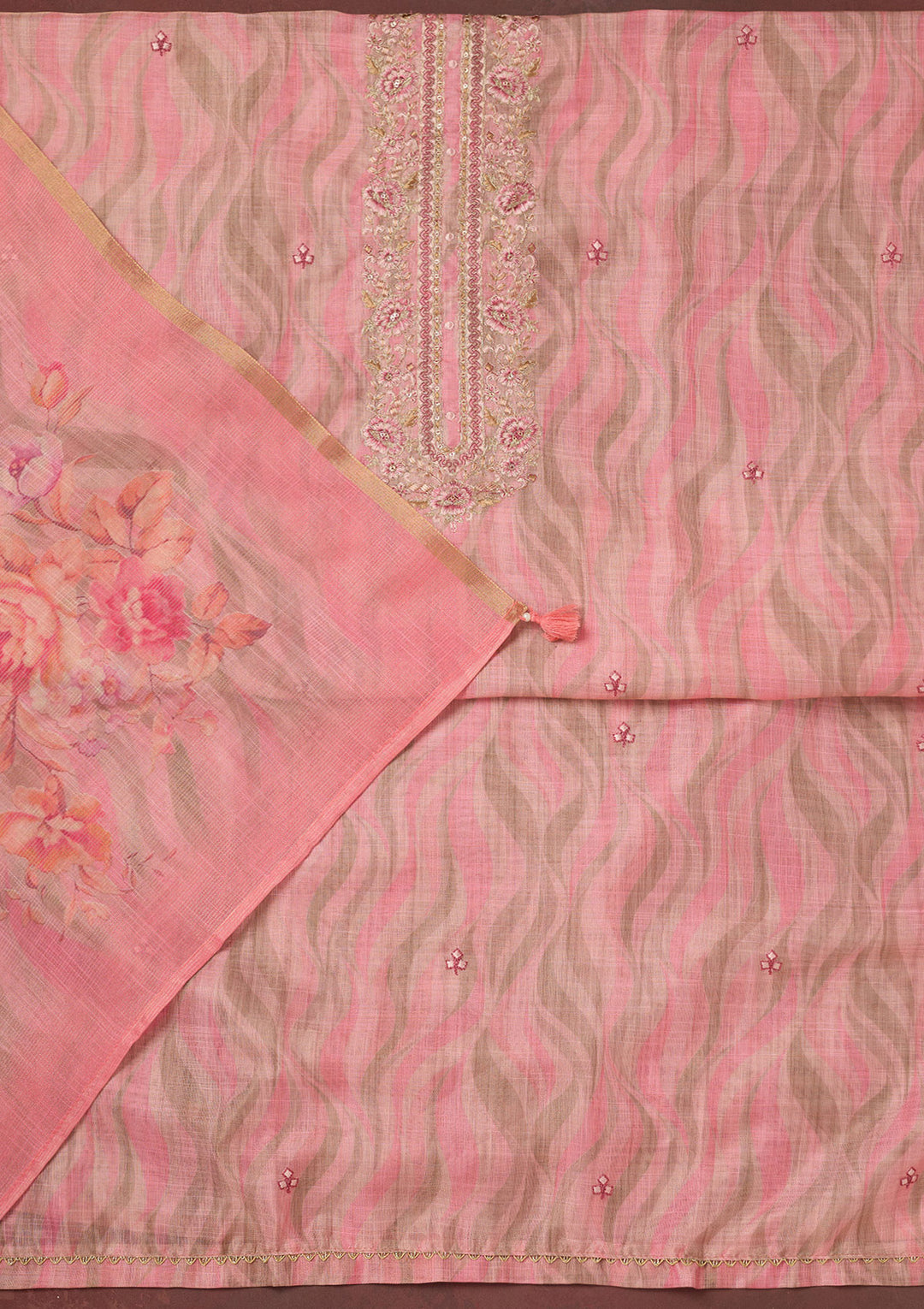 Pink Threadwork Linen Unstitched Salwar Suit