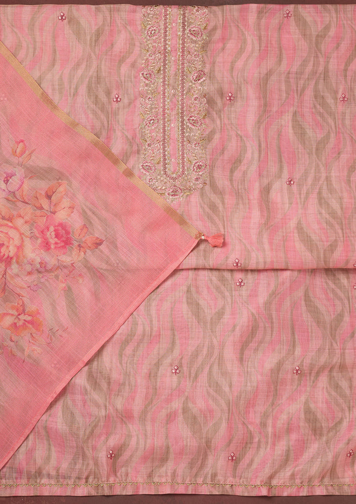 Pink Threadwork Linen Unstitched Salwar Suit