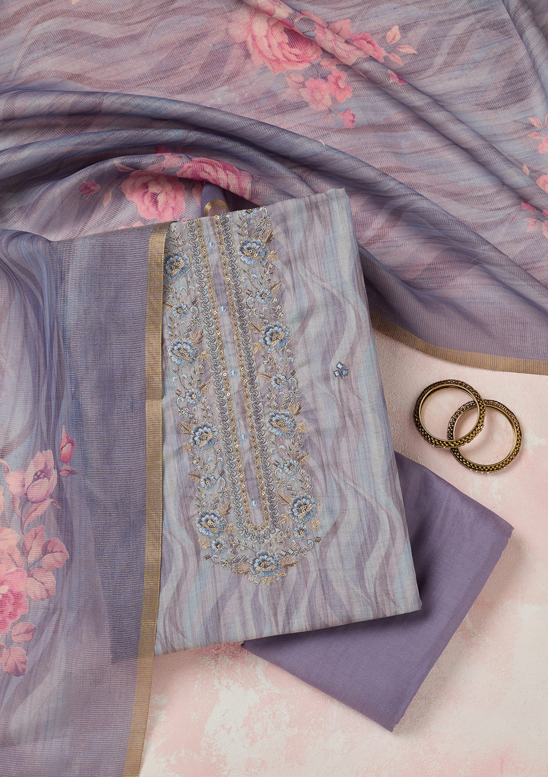Purple Linen Abstract Geometric Threadwork Unstitched Dress Material With Matching Bottom And Dupatta