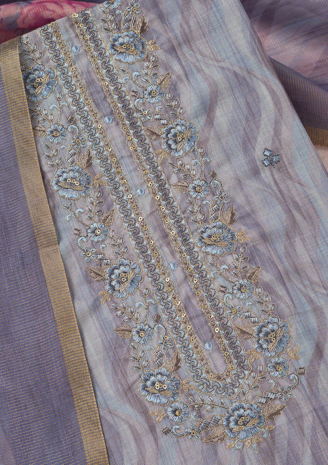 Purple Linen Abstract Geometric Threadwork Unstitched Dress Material With Matching Bottom And Dupatta