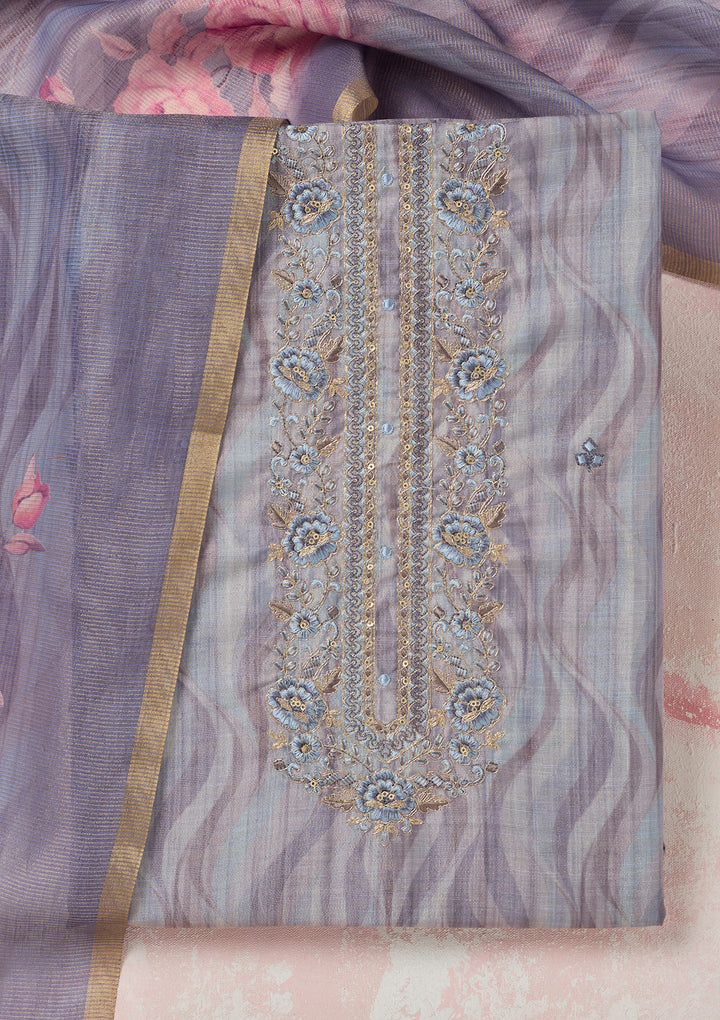 Purple Linen Abstract Geometric Threadwork Unstitched Dress Material With Matching Bottom And Dupatta