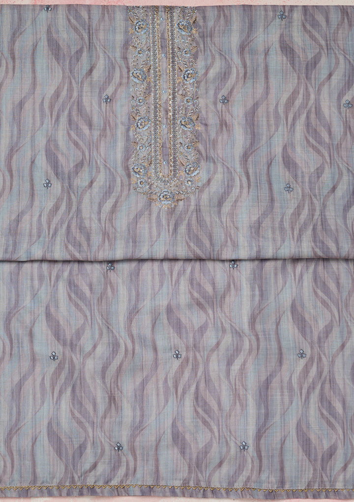 Purple Linen Abstract Geometric Threadwork Unstitched Dress Material With Matching Bottom And Dupatta